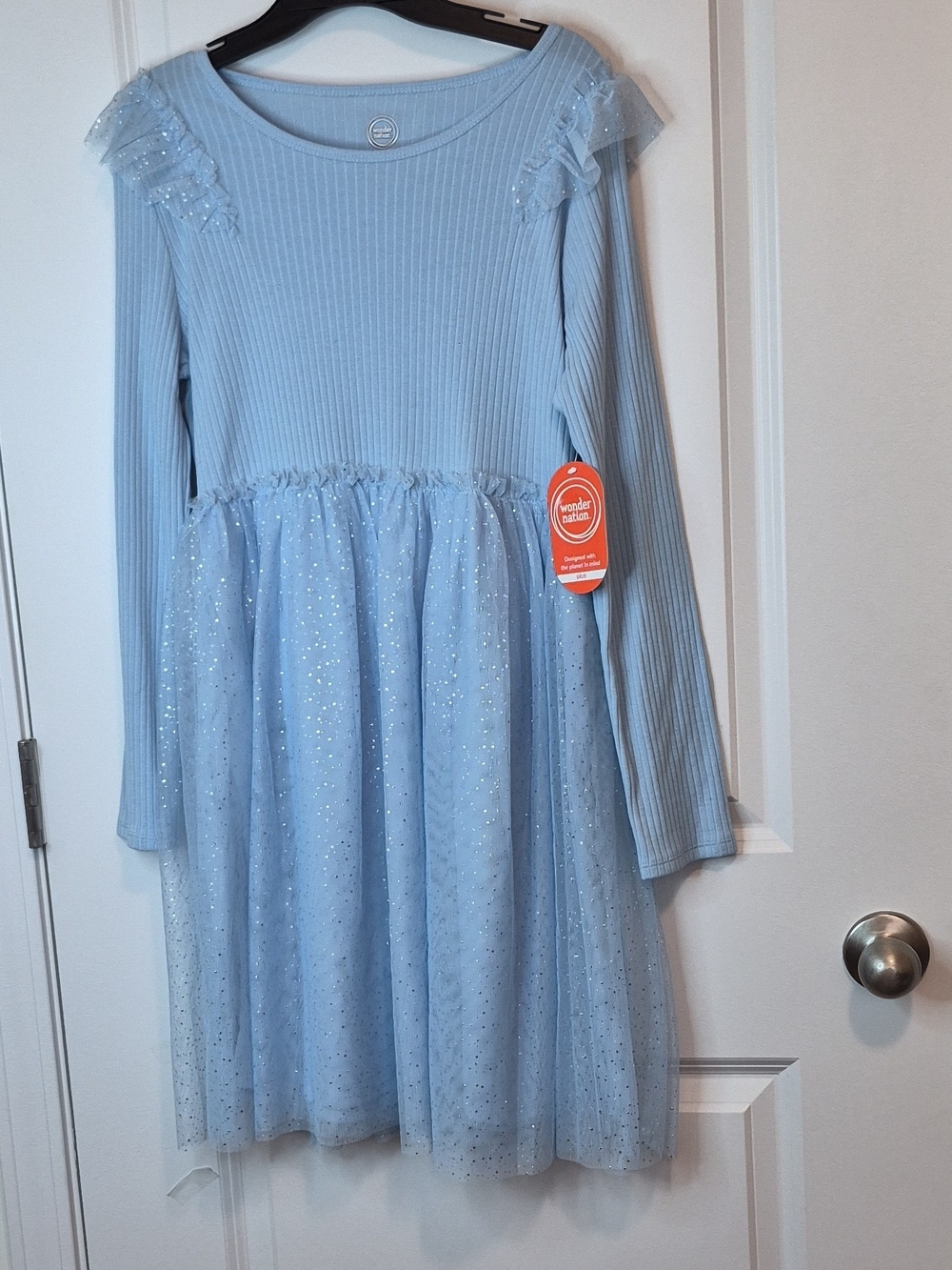 Wonder Nation Light Blue Glitter Tulle Long-Sleeve Kids Dress Size L
